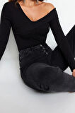 Moda Carmen Yaka Örme Slim Düz Desen Casual Günlük Crop Uzun Kol Bluz