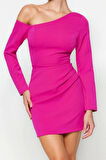 Moda Fit Mezuniyet Balo Finike Dokuma Asimetrik Yaka Uzun Kol Bodycone Mini Boy Elbise