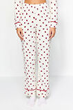 Tarz Rahat Uzun Kollu Boru Paça %100 Pamuk Kalp Desenli Gömlek-Pantolon Örme Pijama Takımı
