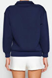 Fermuarlı Yaka Düşük Kol Fermuar Yaka Nakış Detaylı Fit Kalın İçi Polarlı Örme Sweatshirt