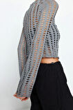 Moda Bisiklet Yaka Örme Regular Düz Desen Casual Günlük Crop Uzun Kol Bluz