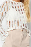 Stil Kadın Fileli Slim Fit Bluz Crop Örme Regular Kalıp İspanyol Kol