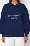 Oversize Gömlek Yaka Düşük Kol Uzun Gömlek Yaka Nakışlı Fit Kalın İçi Polarlı Örme Sweatshirt