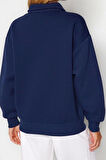 Oversize Gömlek Yaka Düşük Kol Uzun Gömlek Yaka Nakışlı Fit Kalın İçi Polarlı Örme Sweatshirt