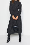 Moda Regular Casual Günlük Lilyum Dokuma Dik Yaka Uzun Kol Shift Maxi Boy Tesettür Elbise