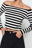 Moda Carmen Yaka Örme Slim Çizgili Desen Casual Günlük Regular Uzun Kol Bluz