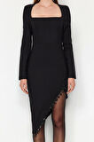 Moda Fit Mezuniyet Balo Finike Dokuma Kare Yaka Uzun Kol Bodycone Midi Boy Elbise