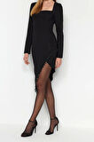 Moda Fit Mezuniyet Balo Finike Dokuma Kare Yaka Uzun Kol Bodycone Midi Boy Elbise