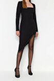 Moda Fit Mezuniyet Balo Finike Dokuma Kare Yaka Uzun Kol Bodycone Midi Boy Elbise