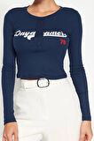 Stil Kadın Baskılı Fitted Vücuda Oturan Esnek Ribana Bluz Crop Örme Slim Kalıp