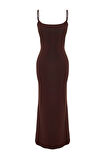 Moda Askılı Kare Yaka Maxi Elbise Mor Fitted Vücuda Oturan Askılı Maxi Esnek Örme Kalem Elbise
