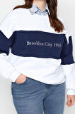 Büyük Beden Oversize Bisiklet Yaka Düşük Kol Kalın İçi Polarlı Nakış Detaylı Örme Sweatshirt