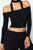 Stil Kadın Fitilli Şal Detaylı Fitted Vücuda Oturan Esnek Bluz Crop Örme Slim Kalıp