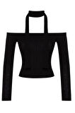 Stil Kadın Fitilli Şal Detaylı Fitted Vücuda Oturan Esnek Bluz Crop Örme Slim Kalıp