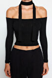 Stil Kadın Fitilli Şal Detaylı Fitted Vücuda Oturan Esnek Bluz Crop Örme Slim Kalıp