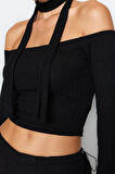 Stil Kadın Fitilli Şal Detaylı Fitted Vücuda Oturan Esnek Bluz Crop Örme Slim Kalıp