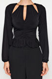 Stil Kadın Pencere Cut Out Detaylı Aksesuarlı Bluz Regular Örme Fitted Kalıp
