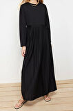 Moda Regular Casual Günlük Scuba Krep Örme Bisiklet Yaka Uzun Kol Basic Maxi Boy Elbise