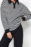 Tarz Oversize Polo Yaka Düşük Kol Regular Çizgili Polo Yaka Kalın İçi Polarlı Örme Sweatshirt