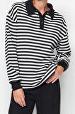 Tarz Oversize Polo Yaka Düşük Kol Regular Çizgili Polo Yaka Kalın İçi Polarlı Örme Sweatshirt