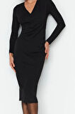 Moda Stil Slim Kruvaze Midi Boy Yaka Uzun Kollu Büzgü Detaylı Vücuda Oturan Örme Elbise