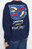 Tarz Oversize Bisiklet Yaka Düşük Kol Regular Baskılı Örme Sweatshirt