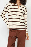 Regular Polo Yaka Standart Kol Regular Polo Yaka Bağlama Detaylı Kalın Fit Örme Sweatshirt