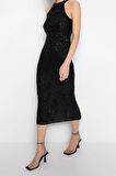 Moda Regular Mezuniyet Balo Payet Örme Halter Yaka Kolsuz Kol Bodycone Midi Boy Elbise