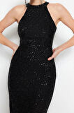 Moda Regular Mezuniyet Balo Payet Örme Halter Yaka Kolsuz Kol Bodycone Midi Boy Elbise