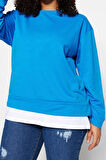 Büyük Beden Oversize Bisiklet Yaka Düşük Kol Alttan T-Shirt Çıkma Görünüm İnce Örme Sweatshirt