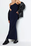 Moda Askılı Kare Yaka Maxi Elbise Mor Fitted Vücuda Oturan Askılı Maxi Esnek Örme Kalem Elbise