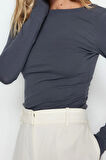 Moda Kayık Yaka Örme Slim Düz Desen Casual Günlük Regular Uzun Kol Bluz