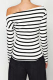 Moda Kayık Yaka Örme Slim Çizgili Desen Casual Günlük Regular Uzun Kol Bluz