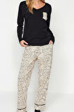 Tarz Rahat Uzun Kollu Boru Paça %100 Pamuk Leopar Desenli Tshirt-Pantolon Örme Pijama Takımı
