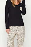 Tarz Rahat Uzun Kollu Boru Paça %100 Pamuk Leopar Desenli Tshirt-Pantolon Örme Pijama Takımı