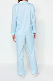 Tarz Rahat Uzun Kollu Boru Paça Çizgili Biyeli İçi Polarlı Gömlek-Pantolon Örme Pijama Takımı
