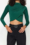 Stil Kadın Drapeli Crop Bluz Super Crop Örme Slim Kalıp