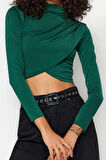 Stil Kadın Drapeli Crop Bluz Super Crop Örme Slim Kalıp