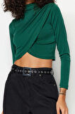 Stil Kadın Drapeli Crop Bluz Super Crop Örme Slim Kalıp