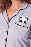 Tarz Rahat Büyük Beden Uzun Kollu Geniş Paça Panda Baskılı Örme Pijama Takımı