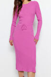 Moda Slim Casual Günlük Tek Plaka Triko Bisiklet Yaka Uzun Kol Bodycone Midi Boy Elbise