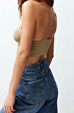 Moda V Yaka Triko Slim Düz Desen Casual Günlük Super Crop Askılı Kol Bluz