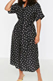 Moda Fit Casual Günlük Shally Dokuma Gömlek Yaka Kısa Kol Gömlek Elbise Midi Boy Büyük Beden Elbise