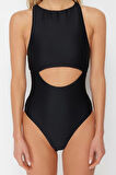 Kadın Moda Atma Kap Askılı Brief Yaka Siyah Halter Yaka Cut Out Pencereli Dokulu Regular Mayo
