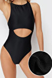 Kadın Moda Atma Kap Askılı Brief Yaka Siyah Halter Yaka Cut Out Pencereli Dokulu Regular Mayo