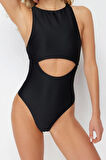 Kadın Moda Atma Kap Askılı Brief Yaka Siyah Halter Yaka Cut Out Pencereli Dokulu Regular Mayo