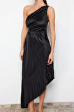 Moda Fit Mezuniyet Balo Saten Örme Asimetrik Yaka Kolsuz Kol Shift Midi Boy Elbise