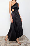 Moda Fit Mezuniyet Balo Saten Örme Asimetrik Yaka Kolsuz Kol Shift Midi Boy Elbise