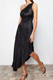 Moda Fit Mezuniyet Balo Saten Örme Asimetrik Yaka Kolsuz Kol Shift Midi Boy Elbise