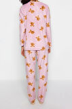 Tarz Rahat Uzun Kollu Boru Paça Polar Ayıcık Desenli Kışlık Örme Pijama Takımı